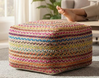 Handmade Jute & Chindi Pouffe – Multicolor Boho Floor Cushion, Square Ottoman, Eco-Friendly Recycled Fabric Footstool