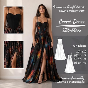 Corset Slit Maxi Dress Sewing Pattern PDF — Wedding Dress — Gown Pattern — Evening Dress — XS - 3XL — Plus Size