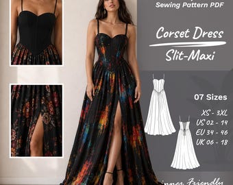 Patrón de costura en PDF para vestido largo con abertura tipo corsé — Vestido de novia — Patrón de vestido de noche — XS - 3XL — Tallas grandes