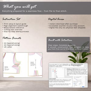 Puede incluir: Detalles de un patr&oacute;n de costura digital. La imagen muestra una gu&iacute;a de dise&ntilde;o, una referencia de medidas y una descripci&oacute;n general del plan de corte. Los formatos de patr&oacute;n incluyen A4, A0 y US Letter. El texto dice "What you will get" y "Built with Intention".