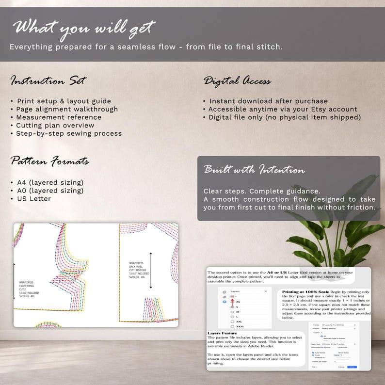 Puede incluir: Detalles de un patr&oacute;n de costura digital. La imagen muestra una gu&iacute;a de dise&ntilde;o, una referencia de medidas y una descripci&oacute;n general del plan de corte. Los formatos de patr&oacute;n incluyen A4, A0 y US Letter. El texto dice "What you will get" y "Built with Intention".