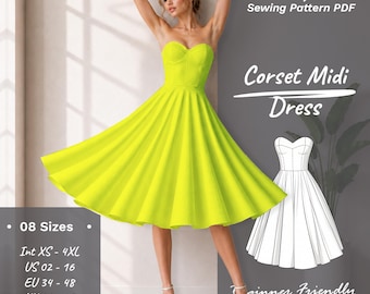 Patrón de costura para vestido midi con corsé - Patrón para vestido de novia con corsé - Patrón para vestido con bustier y corsé - Patrón para corsé de tallas grandes - XS-4XL
