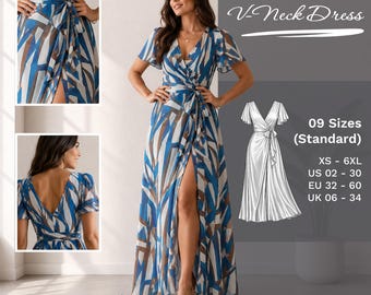Patrón de vestido largo cruzado con escote en V — Vestido cruzado de verano — Mangas acampanadas — Vestido de noche — Tallas XS-6XL — Patrón de costura en PDF — Tallas grandes