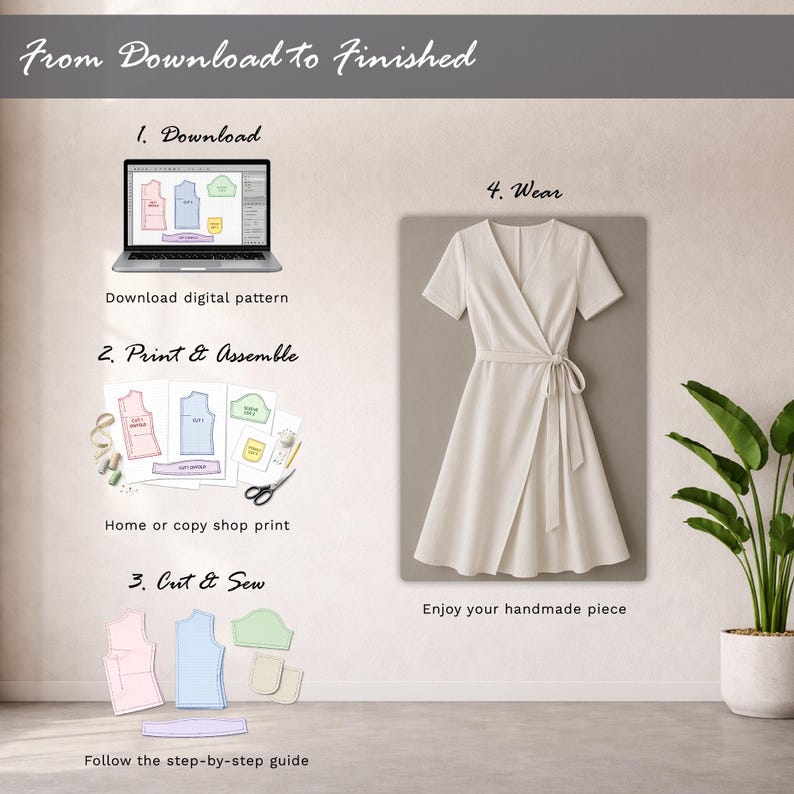 Puede incluir: Una gu&iacute;a paso a paso para crear un vestido, desde la descarga de un patr&oacute;n digital hasta el uso de la prenda terminada. La imagen muestra un port&aacute;til, piezas de patr&oacute;n impresas y un vestido cruzado blanco terminado.