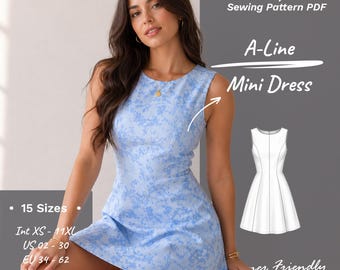 Patrón de costura para minivestido de corte A – Escote barco, sin mangas, ideal para el verano (descarga en PDF) 15 tallas – A0 y A4 – Apto para principiantes