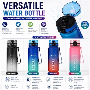 May include: A set of four 1000ml/32oz water bottles labeled 'SPIRIT' and 'Macropta' in black-white, blue-green, blue-red, and pink-green gradients. Each bottle features a wide mouth, a flip-top lid with a dust cap, a carrying strap, and a tea strainer.