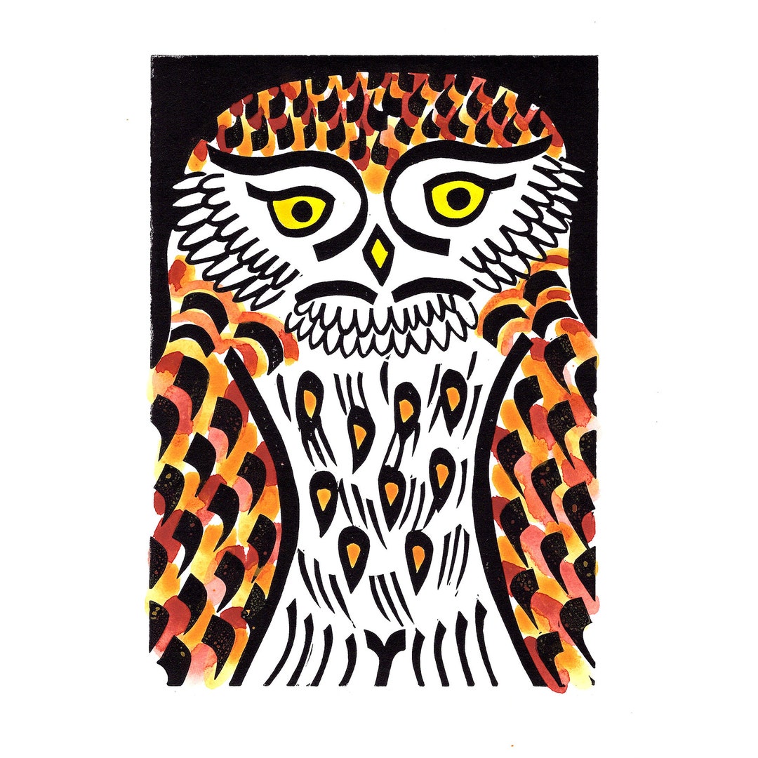 Little Owl Coloured Linocut 1/30 - Etsy