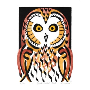 Short-eared Owl coloured linocut 4/30