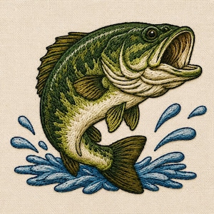 May include: Embroidered image of a largemouth bass leaping out of blue water. The fish is detailed with green, brown, and white thread, showcasing scales and fins. The background is a neutral beige fabric, highlighting the vibrant fish.