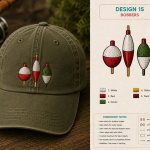 Könnte beinhalten: Olivgrüne Baseballkappe mit gesticktem Design von drei roten, weißen und grünen Angelposen. Die Posen sind vertikal angeordnet. Das Design ist mit "DESIGN 15 BOBBERS" beschriftet.