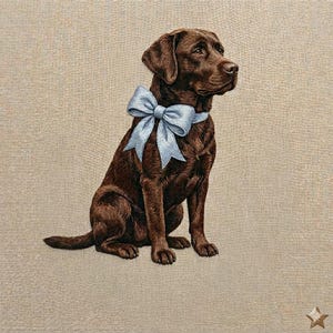 May include: A detailed painting of a chocolate Labrador Retriever dog sitting and looking to the right. The dog wears a light blue bow around its neck. The background is a neutral beige color.
