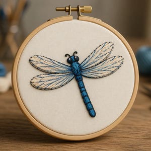 May include: A detailed embroidery of a dragonfly in a wooden hoop. The dragonfly features blue and cream-colored wings and a blue body. The embroidery is set against a cream-colored fabric.