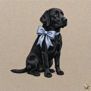 May include: An embroidered image of a black Labrador puppy, seated and gazing right. It has a light blue bow tie. The background is a plain beige fabric, creating a neutral backdrop.
