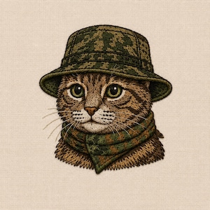 Può includere: Immagine ricamata di un gatto con cappello a secchio e sciarpa mimetica. Il gatto ha occhi verdi e pelo marrone e marrone chiaro. Il cappello e la sciarpa presentano un motivo verde e marrone. L'immagine è su sfondo beige.