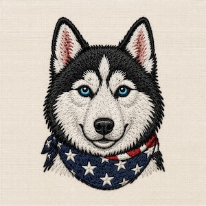 May include: Embroidered portrait of a smiling Siberian Husky dog with blue eyes, black and white fur, and a blue bandana with white stars and red stripes. The dog's ears have red and white accents.