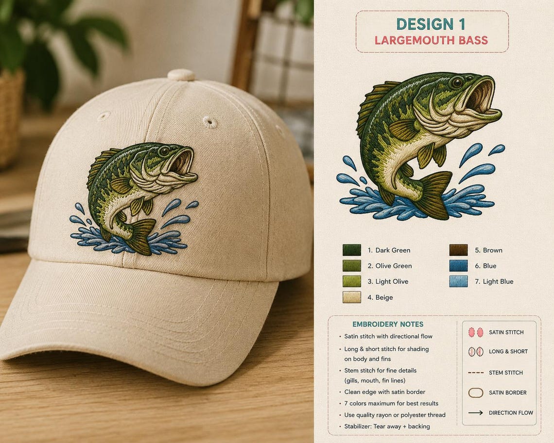 Largemouth Bass Embroidery Design | Fish Fishing Hat Machine Embroidery ...