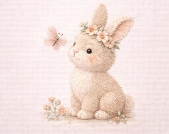 Vintage Bunny Embroidery Design with Butterfly, Cute Floral Rabbit Stitch Pattern, Pastel Cottagecore Digital Download File
