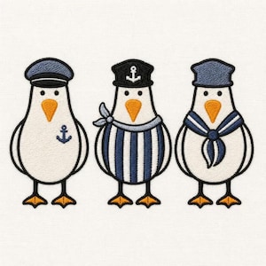 May include: Three cartoon seagulls in sailor outfits. The seagulls are white with black outlines, orange beaks and feet. One seagull wears a navy cap and has an anchor on its chest. The other two wear sailor hats and scarves in navy and white.