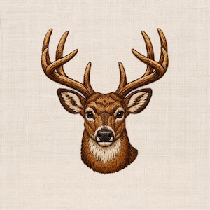 Peut inclure: Une broderie détaillée d'une tête de cerf avec de grands bois. Le cerf a une fourrure brune, une tache blanche sous le menton et se détache sur un fond neutre. Les bois sont d'une nuance de brun plus claire.