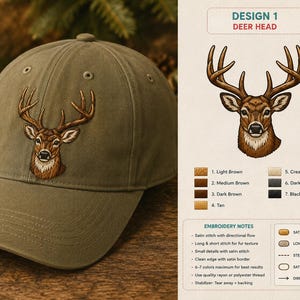 May include: An olive green baseball cap with an embroidered deer head design. The deer head is detailed with brown, tan, and cream thread. The cap has a curved peak and a classic six-panel design. The image also shows the design details.