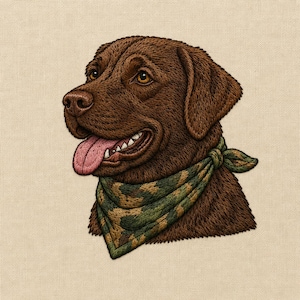 May include: An embroidered image of a chocolate Labrador Retriever wearing a green and brown camouflage bandana. The dog has brown fur, a pink tongue, and is set against a beige background.