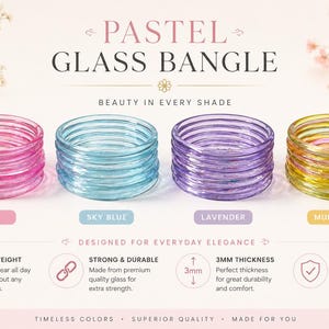 Op de afbeelding: Pastel glazen armbanden in roze, hemelsblauw, lavendel en multicolor. Elke armband is 3 mm dik en ontworpen voor dagelijkse elegantie. De tekst op de afbeelding luidt "Lichtgewicht", "Sterk & Duurzaam", "3MM Dikte" en "Minder Breuk".