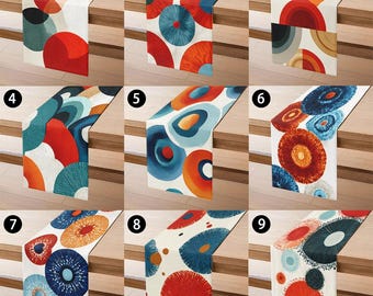 Blue & Orange Abstract Table Runner, Watercolor Dot Pattern, Retro Modern Art Dining Decor, Bold Geometric Home Accent Linen