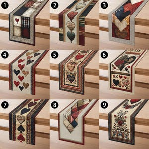 May include: Several table runners with heart motifs in red, black, and beige. The designs include plaid, floral, and patchwork patterns. These runners are suitable for adding a touch of romance to a dining table or as decorative accents for special occasions.
