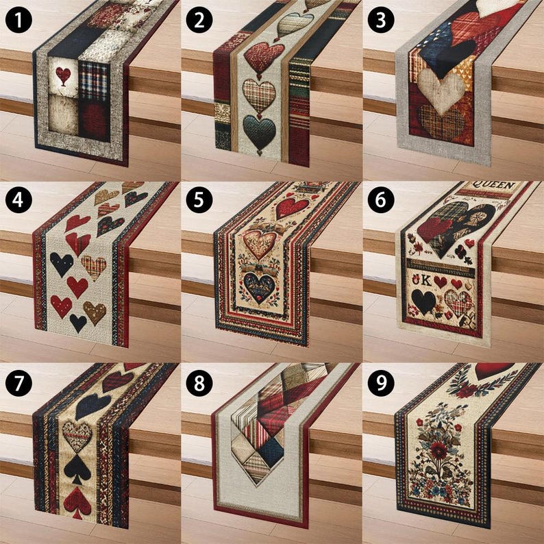 May include: Several table runners with heart motifs in red, black, and beige. The designs include plaid, floral, and patchwork patterns. These runners are suitable for adding a touch of romance to a dining table or as decorative accents for special occasions.