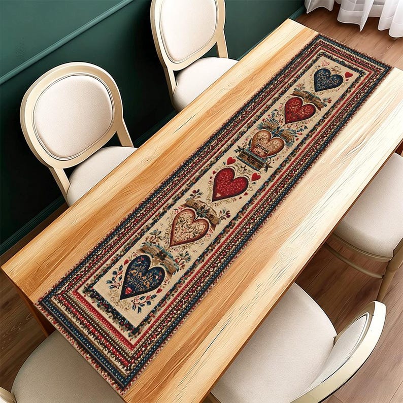 May include: A rectangular table runner featuring a cream backdrop and a heart motif. The hearts are in red and blue hues, adorned with floral and scroll patterns. The runner is framed by a red and navy blue border.
