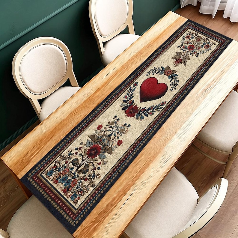 May include: A cream-coloured rectangular table runner with a floral and heart design. The runner features a large red heart in the centre, surrounded by a wreath of leaves and flowers. The edges are bordered with a dark blue pattern.