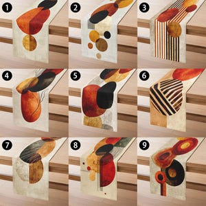Varm orange abstrakt prickig bordslöpare, retro boho geometriskt cirkelmönster, matbordsdekor i mitten av århundradet modern, konstnärlig heminredning