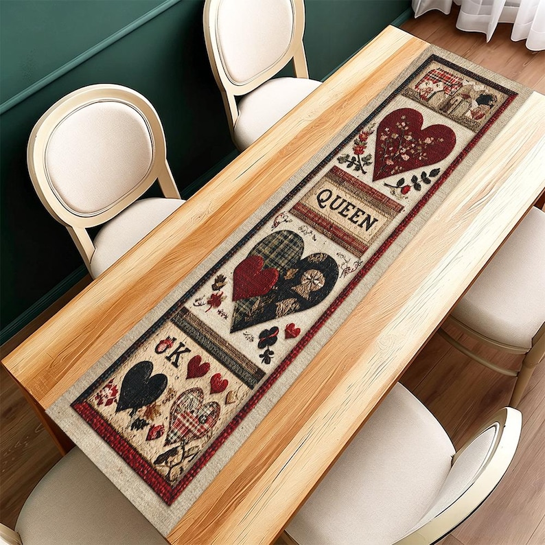 May include: A rectangular table runner with a heart and playing card theme. The runner features a central design with a large red heart, the word "QUEEN", and other heart and floral motifs. The edges are trimmed in red.