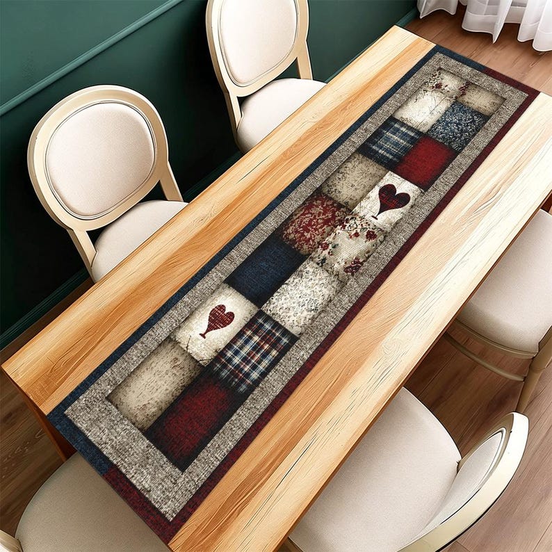 May include: A rectangular table runner with a patchwork design featuring squares of various patterns and colours, including red hearts, plaid, and floral prints. The runner is bordered by a grey fabric and placed on a wooden table.