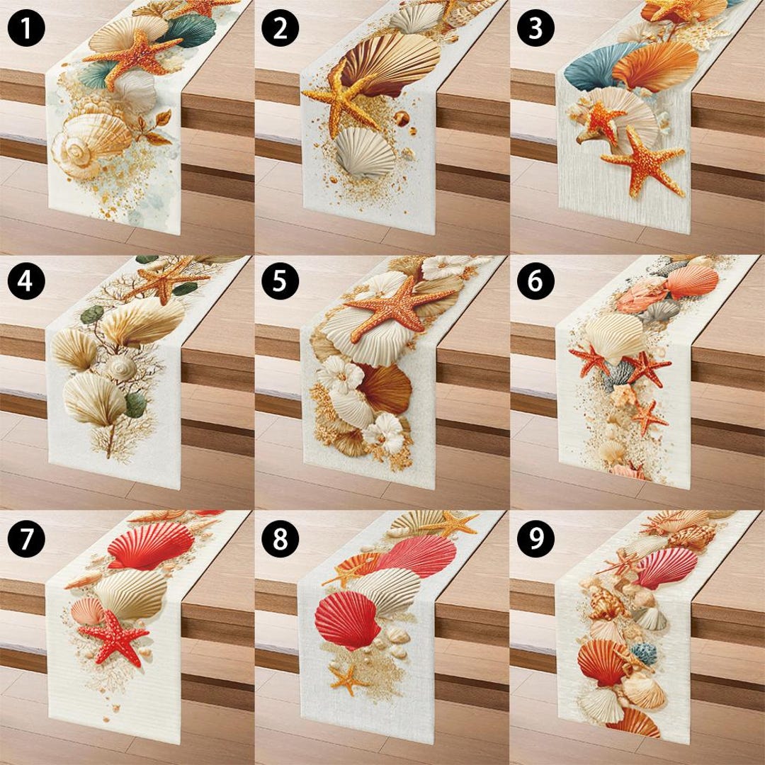 Runner Seashell Soft Beige Coastal Table Runner, Seashell & Starfish Pattern, Warm ...