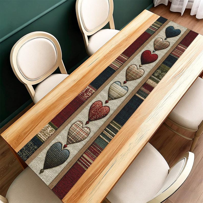 May include: A table runner featuring a repeating heart design in various patterns and colours, including plaid and knit. The runner is laid on a light wood table. Chairs are visible on either side of the table.