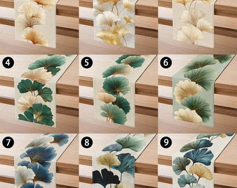 Ginkgo Leaf Table Runner, Oriental Botanical Table Decor, Soft Blue Green Dining Runner, Elegant Linen Style Accent