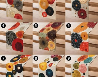 Abstrakter floraler Tischläufer, Boho Kreis Esszimmerläufer, Mitte des Jahrhunderts moderne Tischdekoration, bunter Akzent im Leinenstil