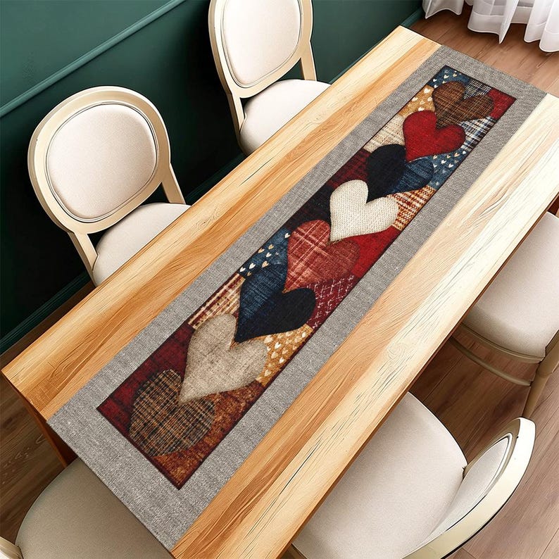 May include: A table runner featuring a heart design in shades of red, white, blue, and brown, with patchwork and plaid patterns. The runner is framed by a grey border and rests on a wooden table. The table runner's length is approximately 150 cm.