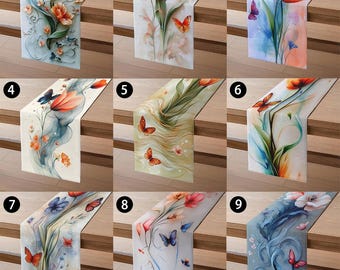 Watercolor Floral Linen Table Runner, Spring Tulip Butterfly Dining Decor