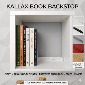 May include: A white Kallax book backstop positioned inside a square shelving unit, aligning a row of six books. The backstop features the text FACE UP and a series of circular cutouts. A sidebar displays the product in white, black, grey, red, and wood.