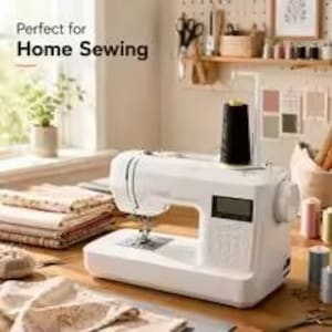 May include: A white electronic sewing machine with a digital display screen and a black thread spool mounted on top. The machine is positioned on a wooden surface next to a stack of folded fabric, with the text Perfect for Home Sewing visible.