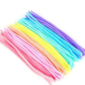 May include: A collection of fuzzy pipe cleaners arranged in a gradient pattern, featuring colors including pink, peach, yellow, turquoise, light blue, and purple. These flexible craft stems are bundled together in a diagonal orientation.