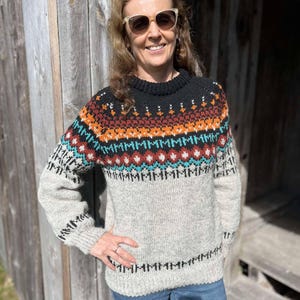 Könnte beinhalten: Ein langärmeliger Strickpullover mit schwarzem geripptem Rundhalsausschnitt und einem mehrfarbigen Fair-Isle-Muster auf der Brust. Das Muster besteht aus Bändern mit orangefarbenen, weißen und türkisfarbenen geometrischen Formen auf hellgrauer melierter Basis.