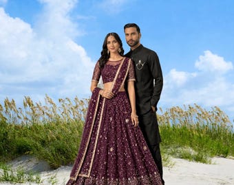 Wine Net Lehenga Choli, Heavy Embroidery Bridal Lehenga, High Fashion Indian Wedding Outfit, Designer Lehenga Set