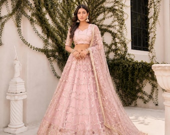 Baby Pink Net Lehenga Choli with Golden Embroidery, Custom Sizing Wedding Guest Dress