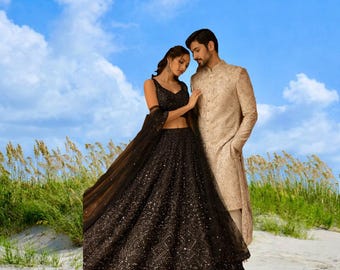 Ensemble Lehenga Choli brodé de sequins noirs, tenue d'invitée de mariage, tissu georgette
