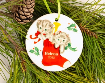 Retro Kittens in a Stocking Personalized Ceramic Ornament 2023