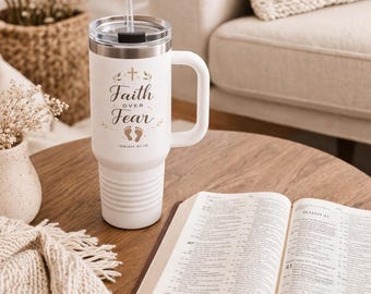 Faith Over Fear Travel Mug | 40oz Insulated Tumbler With Handle, Scripture Design