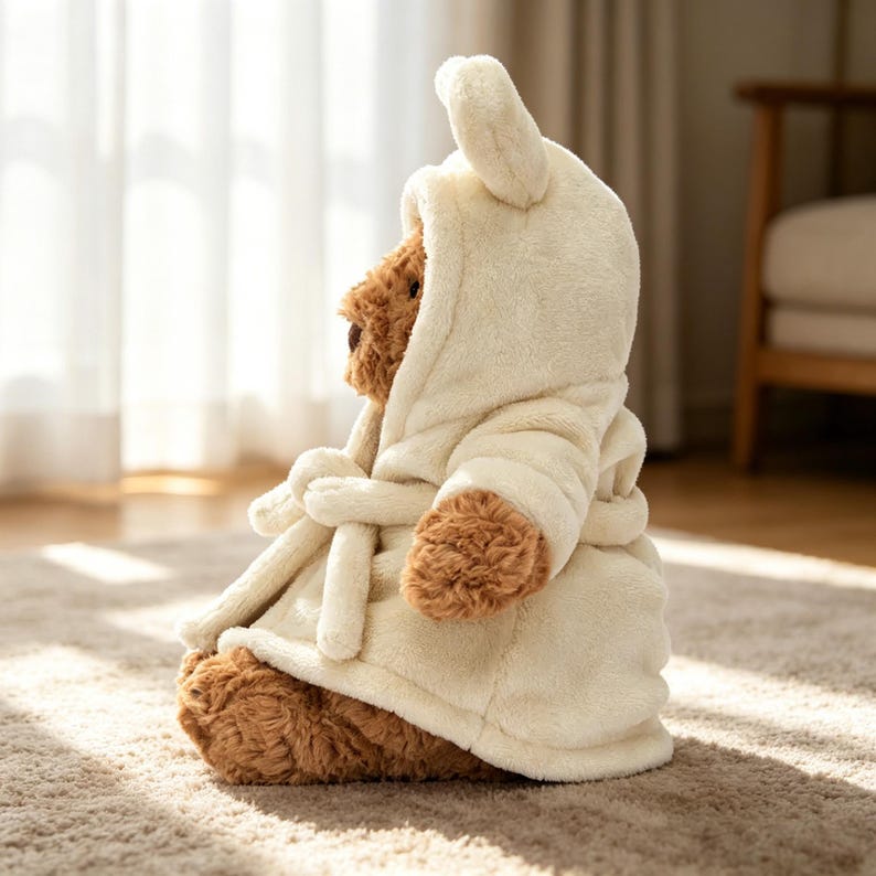 May include: A brown teddy bear wearing a cream-coloured hooded bathrobe with a matching belt. The bear is sitting on a light brown carpet, with sunlight streaming in from a window in the background.